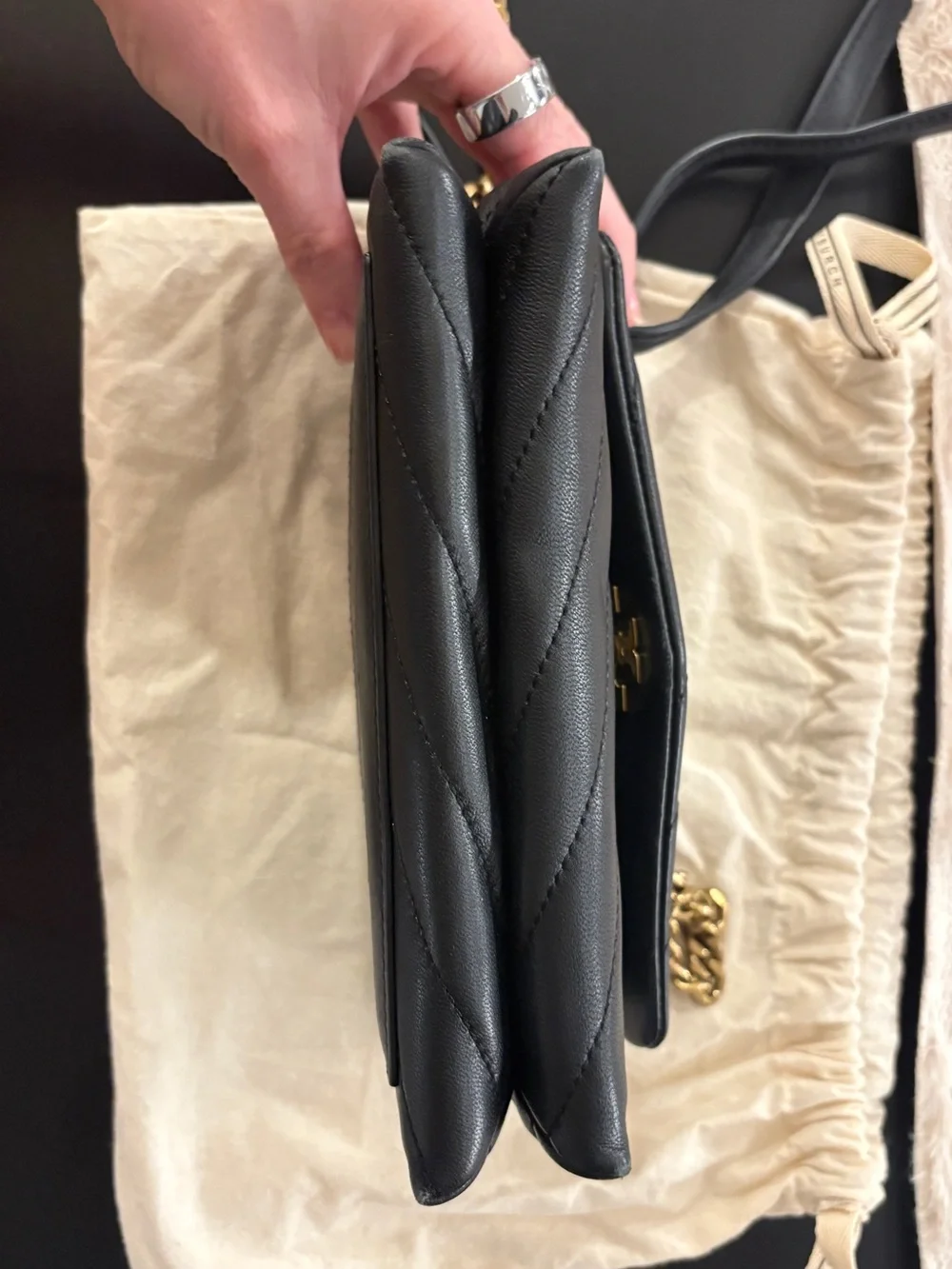 Tory Burch Kira Quilted Black Leather Crossbody Bag with Gold Logo Accent